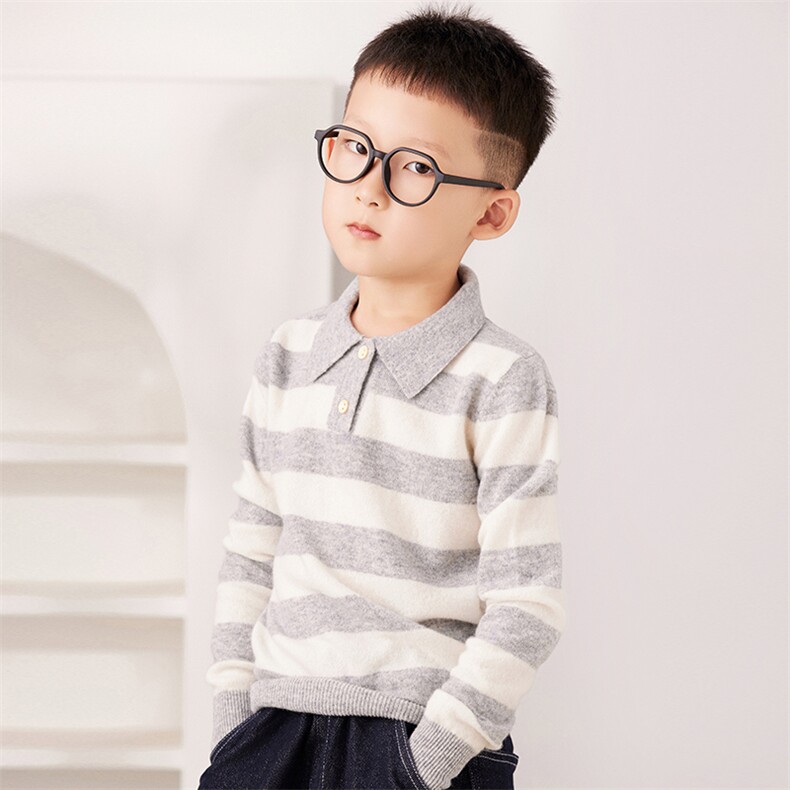 儿童Polo领条纹拼接羊毛衫羊毛，童装儿童羊毛衫，驼铃羊绒