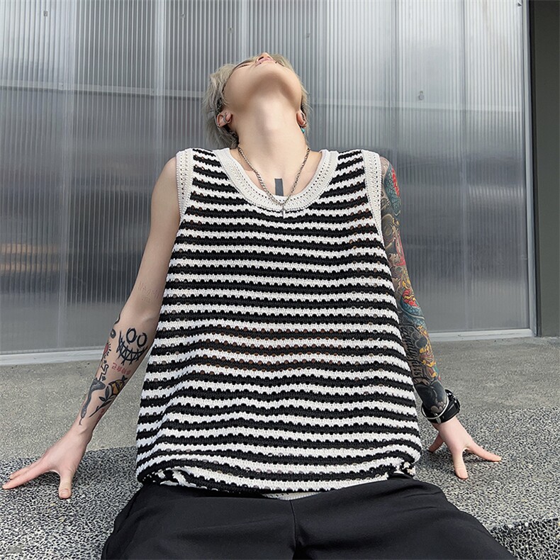 夏季新款潮牌条纹撞色镂空T恤男休闲运动无袖背心现货T1735-P32，男装背心/马甲，星座512-4