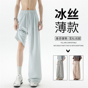 8XL-M条纹裤子男夏季薄款宽松慵懒风休闲大码直筒阔腿裤KZ046P45图片