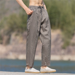 纯亚麻裤子男夏季薄款修身小直筒休闲透气长裤子K49P105图片