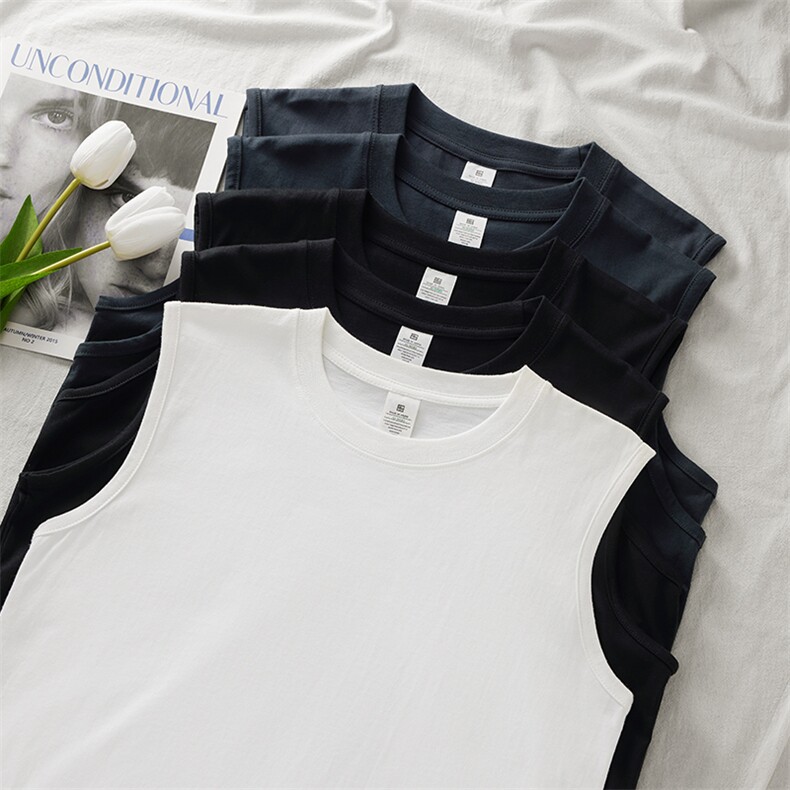 日系重磅230g纯棉无袖背心T恤女纯色宽松夏季潮牌休闲运动健身，男装T恤，电商A110