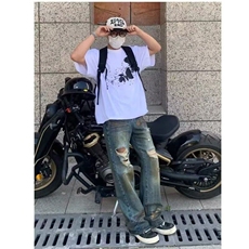 美式复古废土风黄泥牛仔裤情侣潮牌炸街直筒宽松设计感破洞长裤子，男装牛仔裤，星座506A