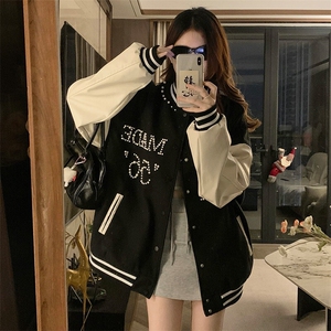 A517-P90 珍珠刺绣棒球服男女春季拼接宽松夹克情侣外套图片