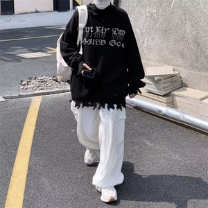 美式街头设计感圆领毛衣男慵懒风高领破洞休闲针织衫MY107P42图片