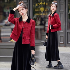秋冬穿搭一整套高级感红色小香风套装2025秋冬新款巨好看的两件套，女装套装/套裙，意芙