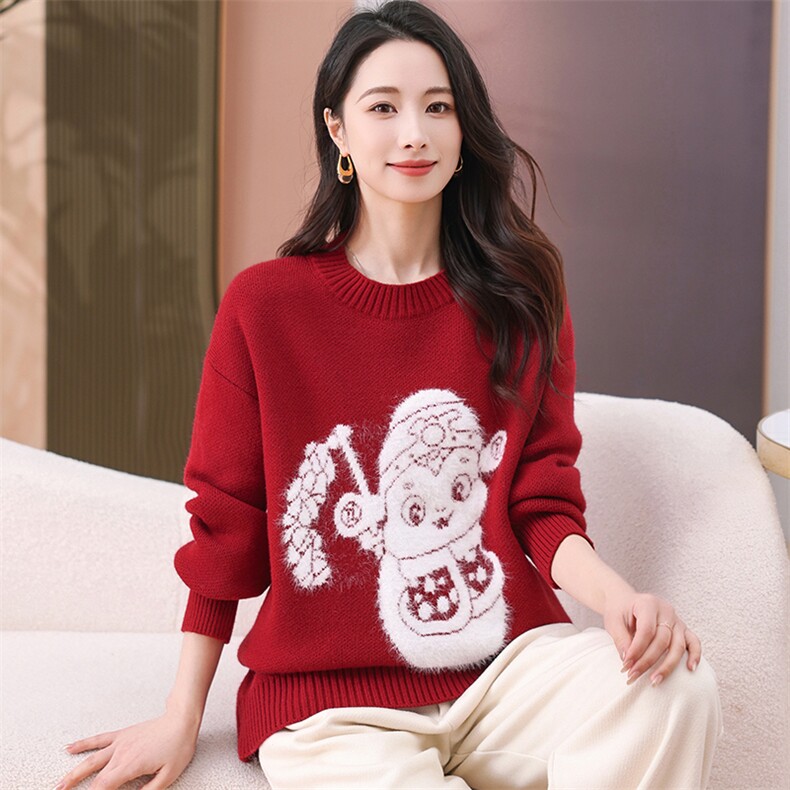 现货圣诞穿搭新年红色毛衣秋冬季加厚大码显瘦宽松针织衫正肩上衣,商品下架区,韩然一族