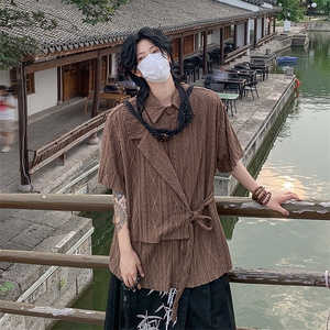 新中式拼接绑带短袖衬衣夏季复古小众肌理感衬衫男 现货W8253-P43图片