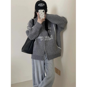 棒球服翻领拉链毛衣开衫女外套秋装新款韩版宽松针织衫 M303图片
