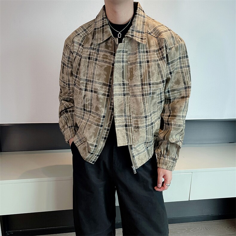 秋季高级感休闲格子翻领夹克男潮流痞帅短款宽松外套JK2351-P130,男装夹克,电商B267