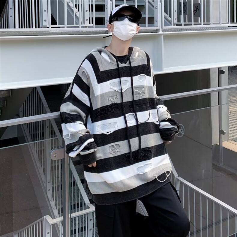 秋季新款潮流痞帅套头针织衫连帽男美式复古设计破洞条B615-P50,男装针织衫/毛衣,星座1109-3
