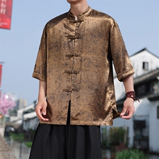 新中式大码七分袖衬衫2025夏季新款男立领大码盘扣上衣CS2461-P60，男装衬衫，电商A008