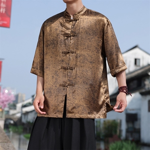 新中式大码七分袖衬衫2025夏季新款男立领大码盘扣上衣CS2461-P60图片