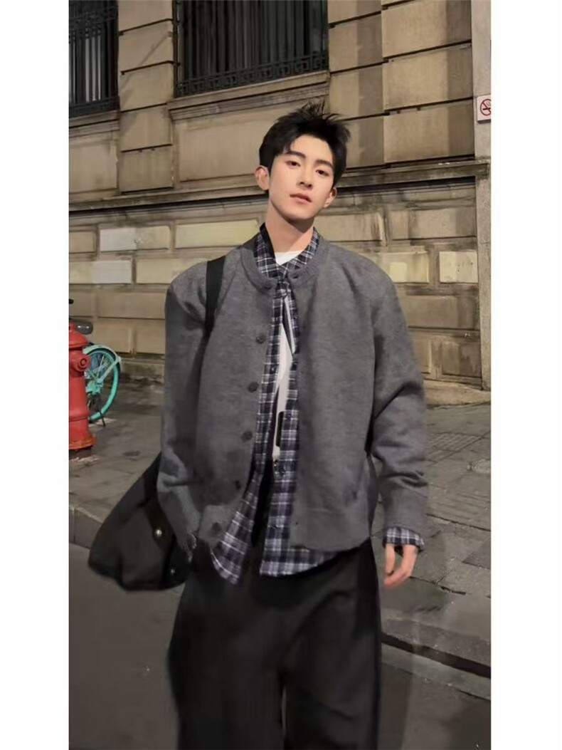 现货~龙叨叨老钱风假两件格纹拼接长袖针织开衫外套MY2573批88,女装短外套,星座1411A-6