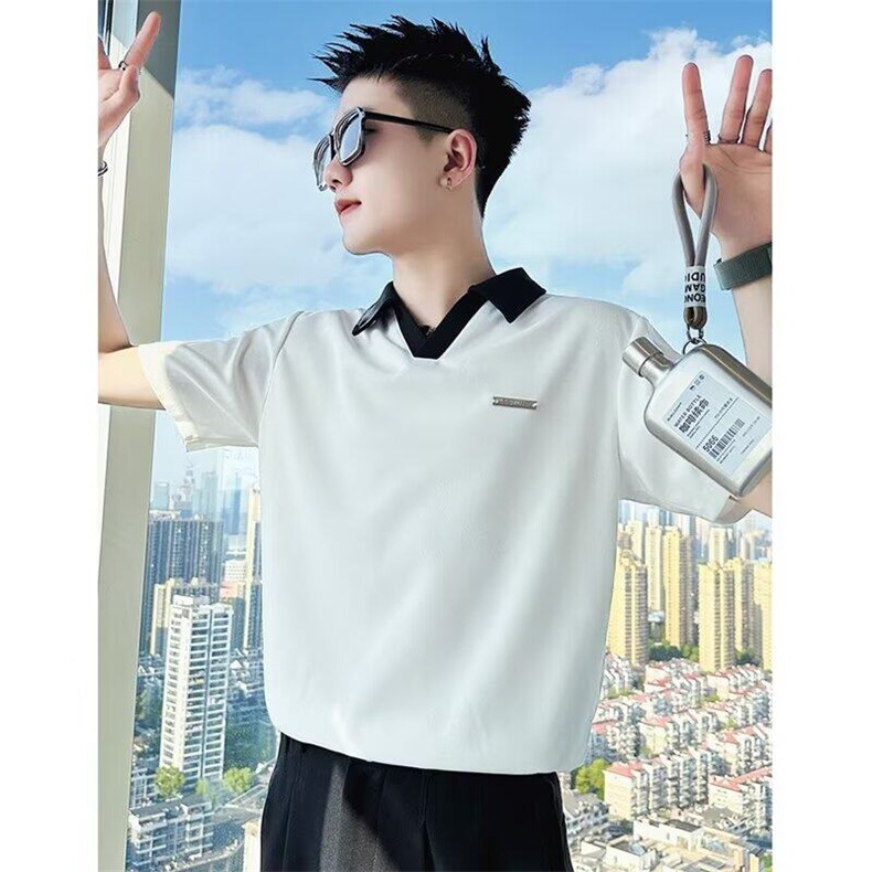 韩版翻领POLO衫男短袖2025新款修身V领痞帅半袖上衣服休闲男装潮,男装Polo衫,星座506A