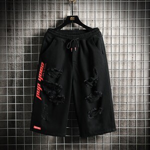 xz103A-D040-P45-限价68-网格大码七分裤阔腿肥仔破洞，男装牛仔裤，星座103A