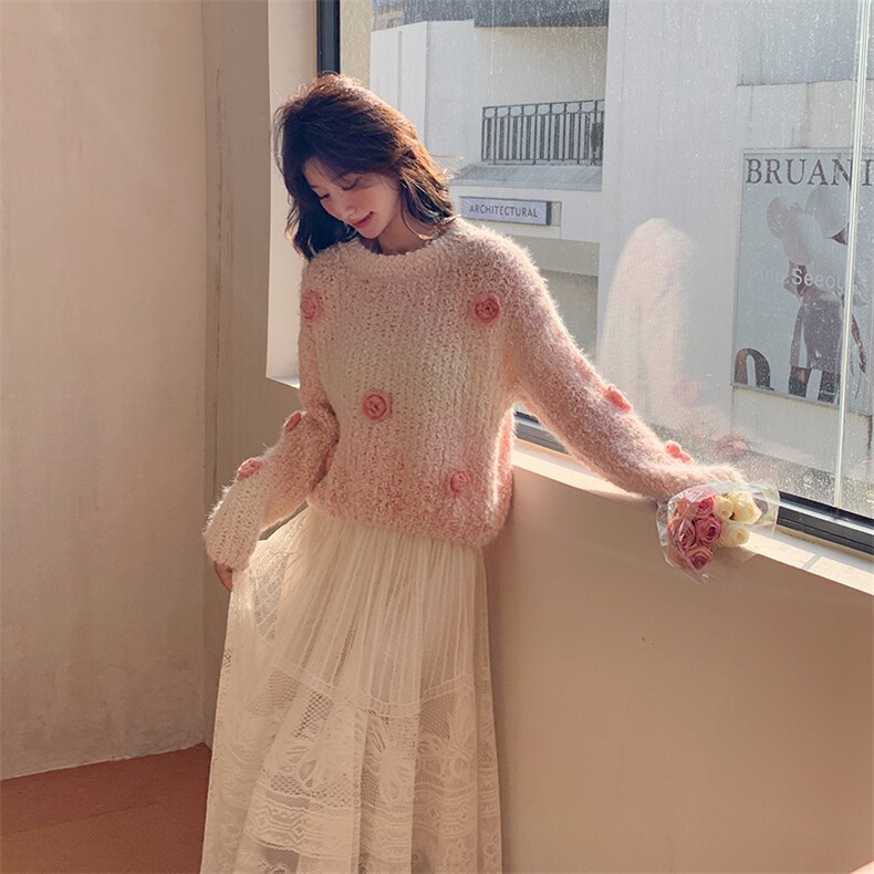 2025春秋立体花朵毛衣蕾丝半身裙两件套2C133-8901-P145-K198,女装套装/套裙,2C133