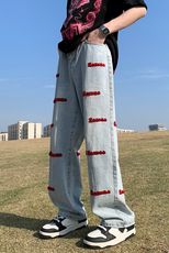 美式hiphop裤子潮牌vibe风宽松直筒阔腿裤男女刺绣牛仔裤，男装牛仔裤，星座1018A