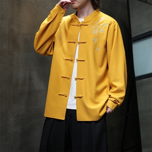 新款新中式长袖衬衫风刺绣汉服潮唐装华夫格T2429-P68图片