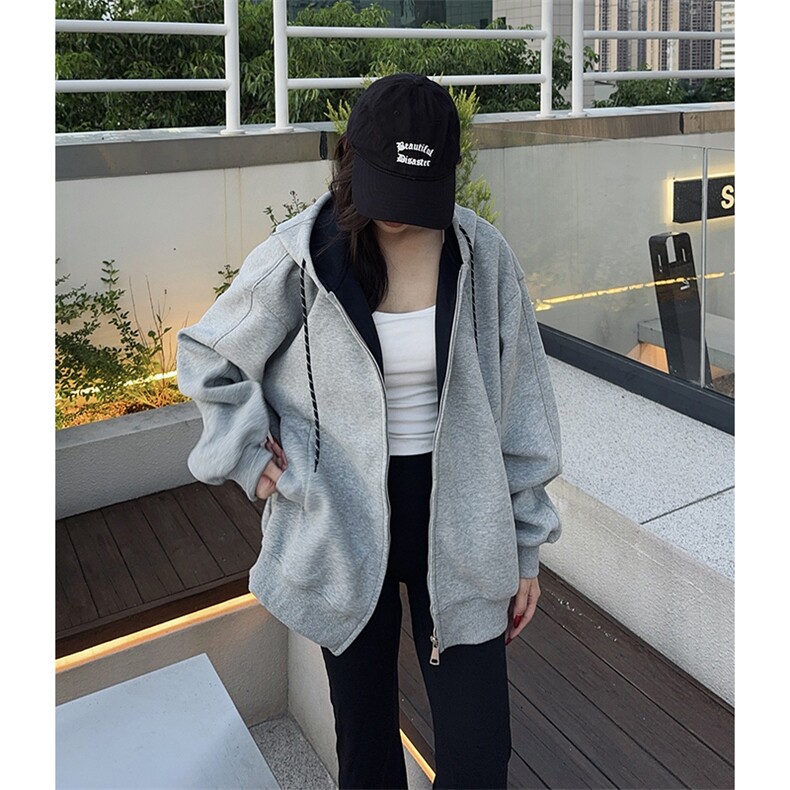抖音得物二开美式高街重磅结构双层撞色连帽卫衣开衫外套W116,女装短外套,电商A486-1