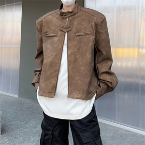 美式复古做旧棕色机车服皮衣外套男秋冬加棉小众感短款垫肩夹克衫图片