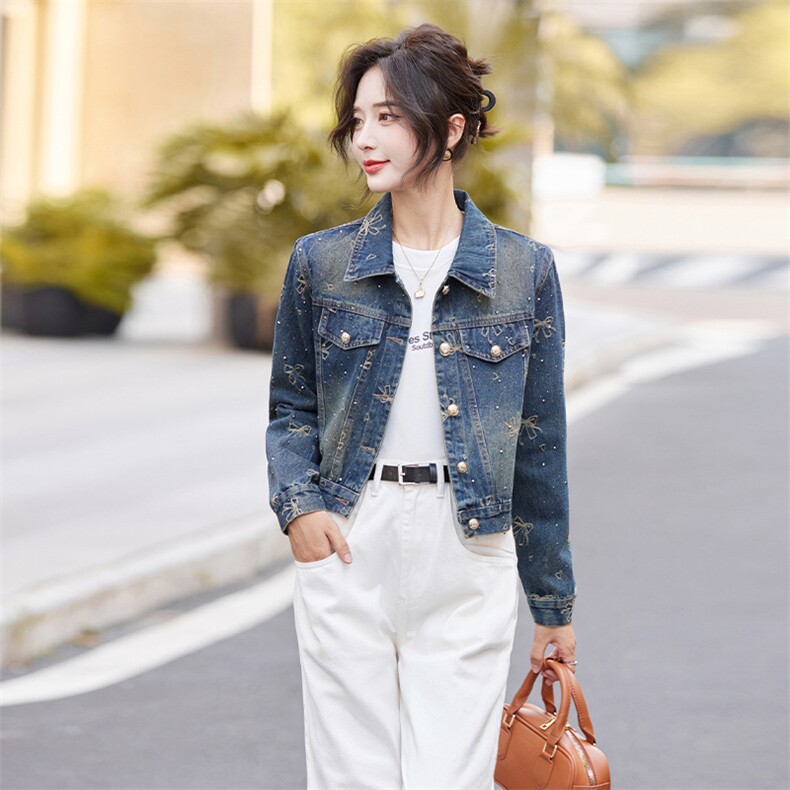 早秋新款牛仔外套女2024休闲韩版时尚刺绣蝴蝶结烫钻洋气百搭上衣,女装牛仔外套,跑量工厂店