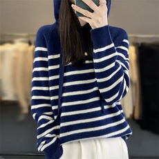 条纹连帽毛衣针织衫秋冬欧货减龄气质宽松长袖套头撞色打底衫毛衣，女装针织衫/毛衣，德尔信羊绒