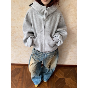 抖音得物高品质 26春装美式高街铆钉杜宾犬耳朵开衫卫衣外套W125图片