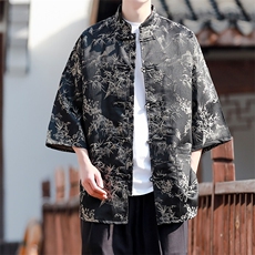 现货风立领盘扣风格新款春夏提花纹半袖T2561-P65控78，男装衬衫，电商A021