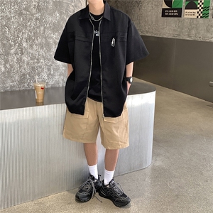 港风华夫格短袖衬衫男大码金属纽扣装饰短袖衬衣DCS8769P45控68图片