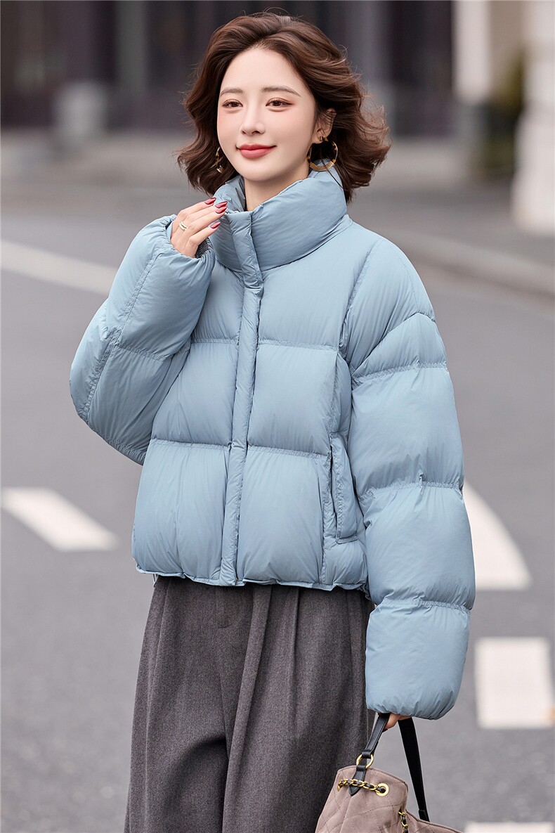 短款羽绒服女2025冬季新款时尚立领落肩袖小个子休闲白鸭绒外套,女装羽绒服,冬木谷雨
