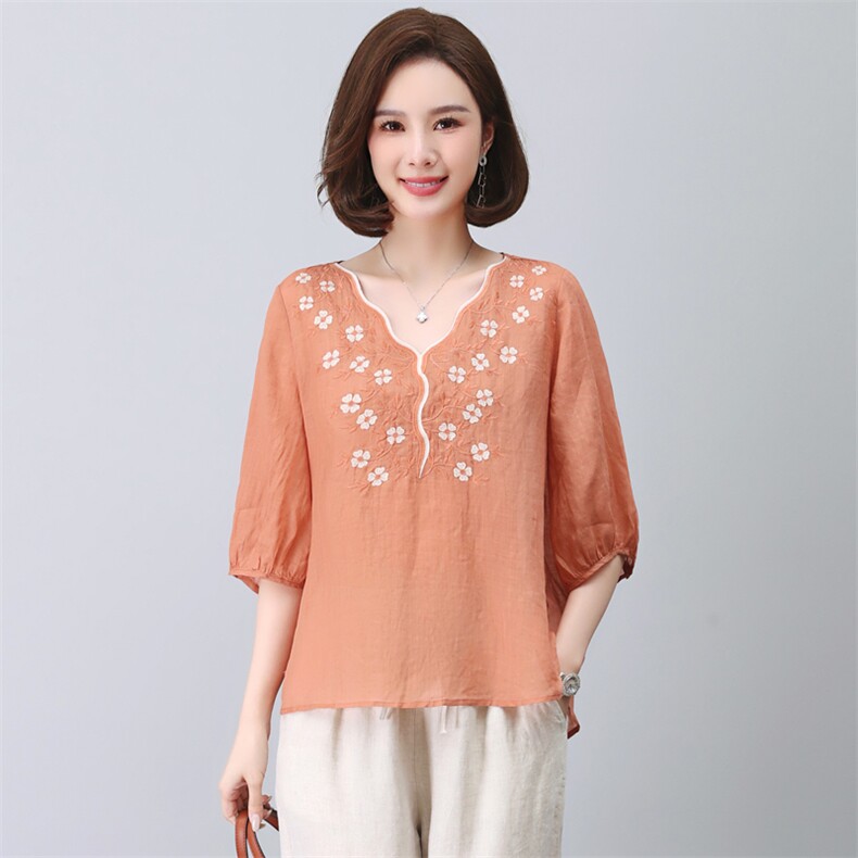 2023夏季纯苎麻刺绣简约气质宽松时尚休闲显瘦舒适上衣，女装衬衫，独衣靓