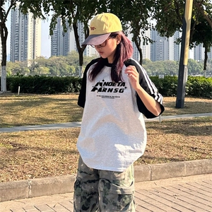 抖音得物品质二开240克宽松纯棉美式潮牌插肩三杠织带短袖T恤图片