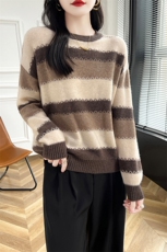 条纹圆领长袖套头羊毛衫羊毛，女装羊毛衫，蒙莲贝斯