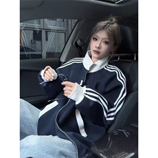 网图现货藏青色美式撞色翻领秋冬运动外套W023特P50，女装短外套，星座205-3