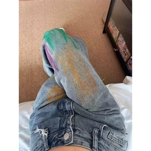 D6199-P45美式彩虹绘漆牛仔裤男女水洗做旧直筒阔腿长裤-网图现货图片