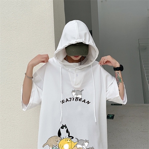 LD54155-P45 连帽短袖t恤男大码胖子带帽五分袖中袖图片
