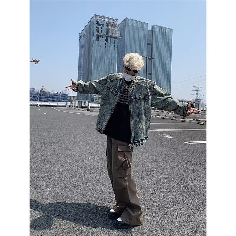现货美式短款牛仔外套新潮牌男装潮流垫肩立领牛仔夹克JK8203-P78,男装工装外套,星座302B-3