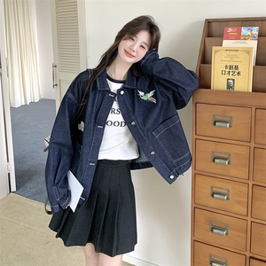 藏青色刺绣牛仔外套女春秋2025新款学院风小个子短款百搭翻领上衣图片