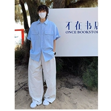 【有货】DC223-特批38蓝色翻领衬衫短袖纯棉男生夏季宽松衬衣，男装T恤，星座603-2