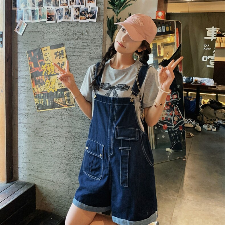 港风复古蓝色牛仔背带裤女夏季2025新款印花T恤阔腿裤，女装连体裤，帛香坊