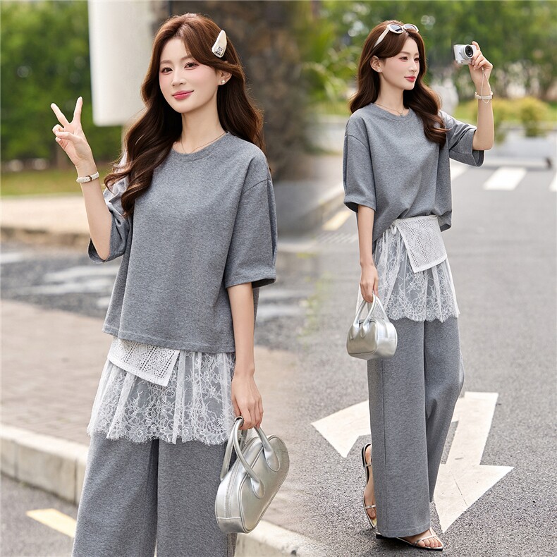 2026年夏季新款休闲圆领T屁帘阔腿裤三件套装，女装套装/套裙，艾仟回(原伊仟回)