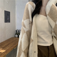 价宽松慵懒复古V领菱形撞色套头毛衣开衫，女装针织衫/毛衣，潮品会