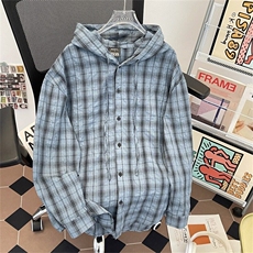 连帽格子长袖衬衫夏季薄款复古休闲宽松慵懒风防晒衬衣YBN11P47，男装防晒衣，星座1013-1
