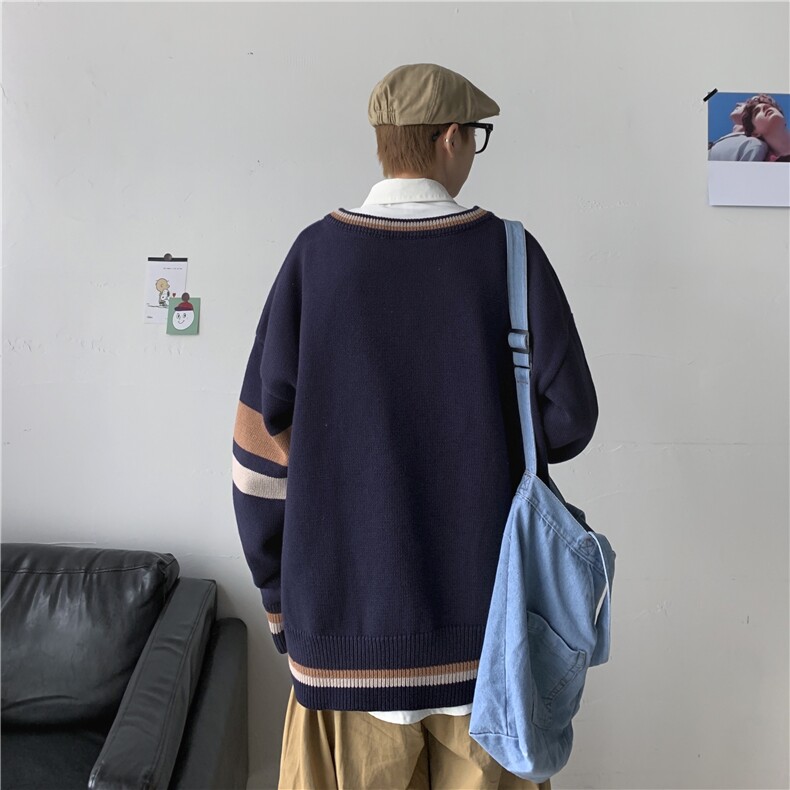 21秋装 港风针织衫V领长袖毛衣JK宽松制服情侣慵懒风中性 W08/P65图片