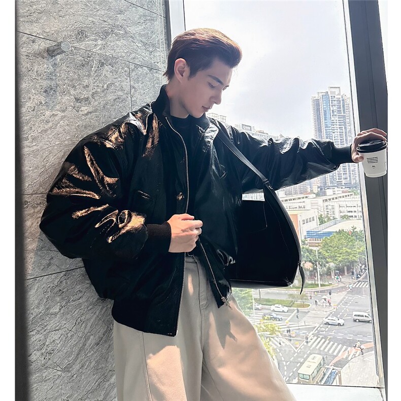 PU皮立领羽绒服男冬加厚保暖90白鸭绒飞行员皮夹克夹yrf777-TP245,男装羽绒服,电商A089-1
