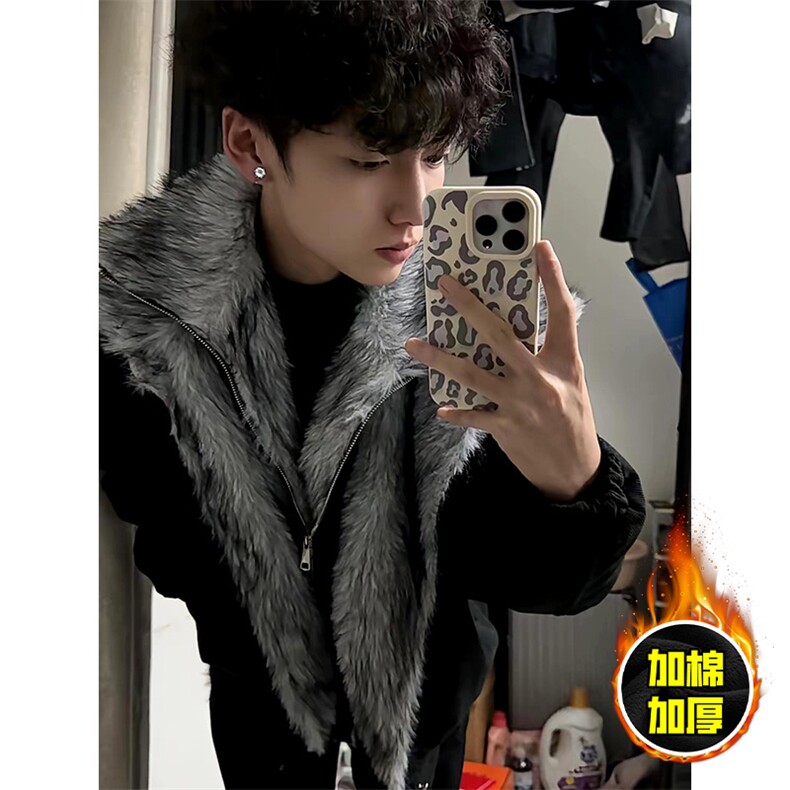 现货高品质美式高街重磅狼王座山雕毛毛领假两件棉衣加厚棉服外套，男装棉衣，电商A486