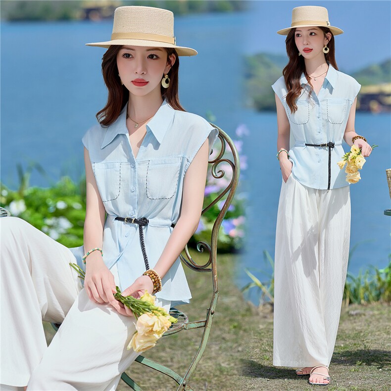 2026年夏季新款马卡龙色上衣阔腿裤两件套休闲套装女，女装套装/套裙，依路服饰