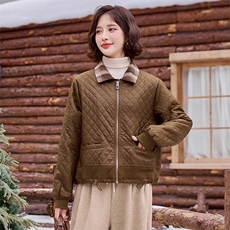 2024冬装新款假两件格子领夹棉短外套，女装棉衣/棉服，梦芯尔