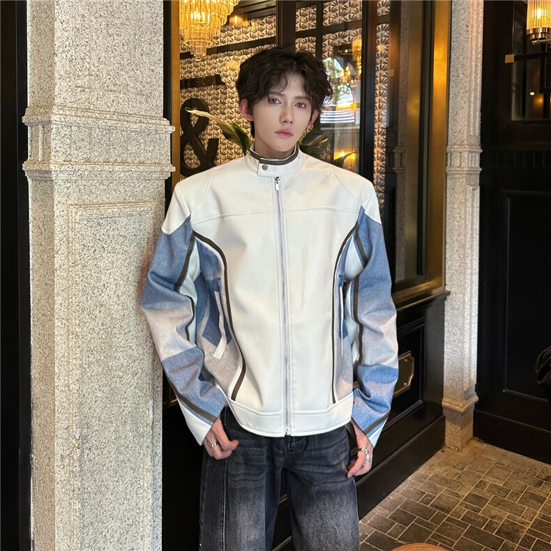 春秋皮衣夹克男女炸街牛仔拼接赛车服宽松痞帅外套潮流W6729-P75，男装皮衣，星座412-3
