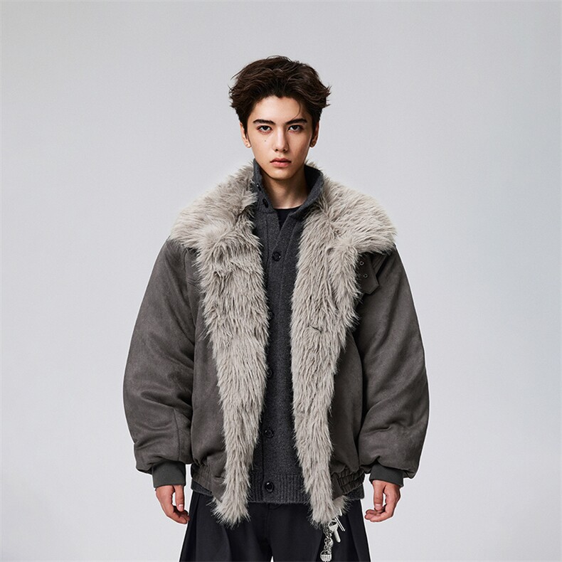 现货重磅硬挺boxy羽绒棉衣座山雕大毛毛领洗水麂皮棉服冬外套，男装棉衣，电商A486